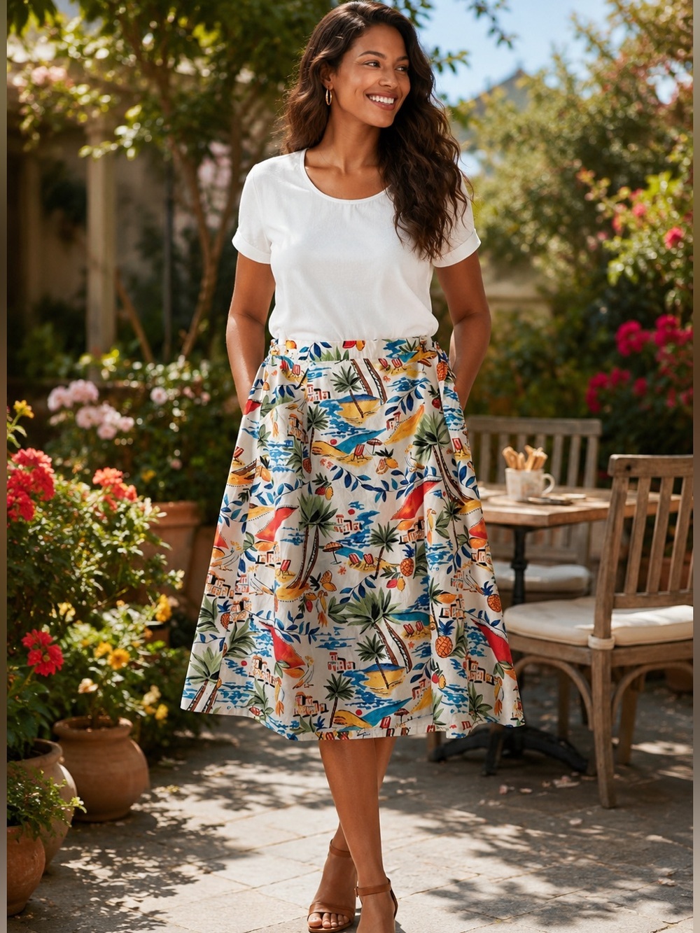 St. John’s Bay Tropical Print Midi Skirt 1X Pull-On Elastic Waist Beach A-Line